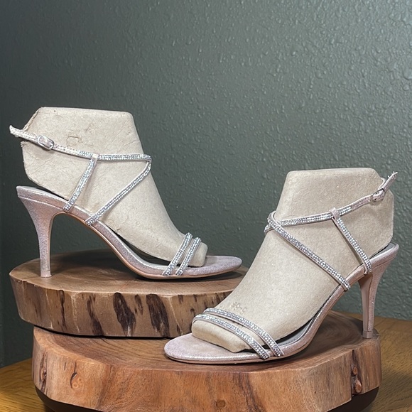 David’s Bridal Lyla Rose Gold Crystal Embellished Crisscross Skinny Strap Heels - Picture 3 of 16